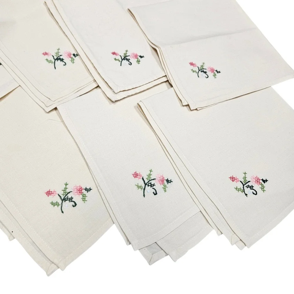 Vintage Set of 10 Ivory‎ Cloth Napkins Pink Floral Cross Stitch Embroidery 15x15